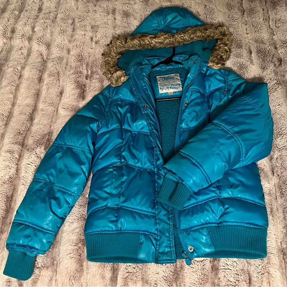 Justice size 12 Teal tPuffer Jacket w/ Faux Fur Hood